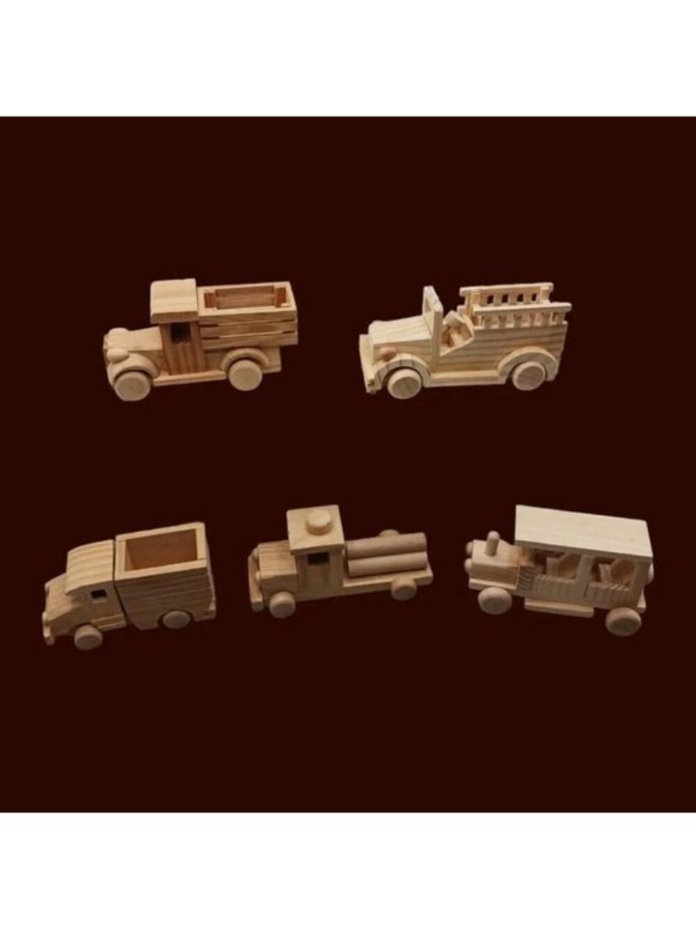 Vtg Natural Wooden Toy Vehicle Lot of 5 Fire Trucks Ambulance Dump & Log Truck